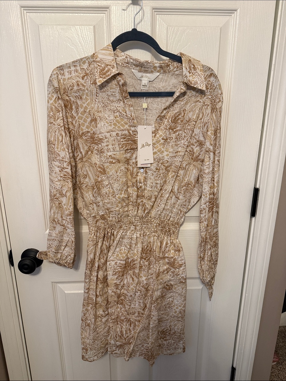 Brand New Lilly Pulitzer Neutral Print Smocked Waist Shirt Dress